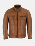 Mens Cafe Racer Brown Motorcycle Leather Jacket Front