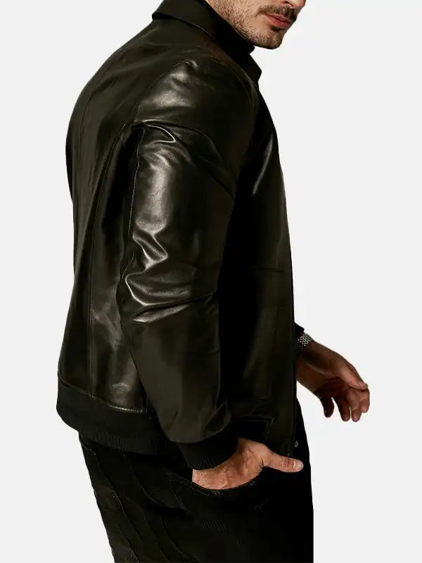 Mens Classic Black Leather Jacket Side Pose