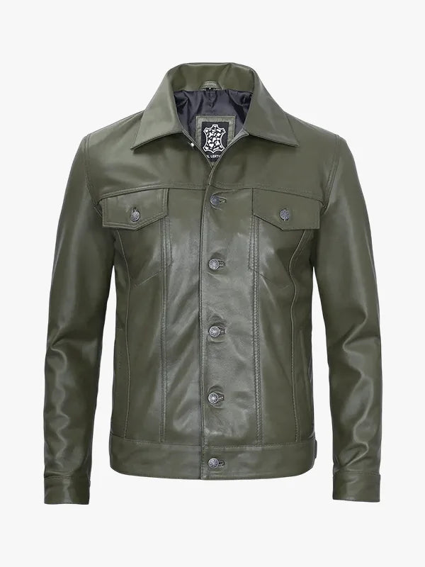 Mens Dark Green Trucker Leather Jacket