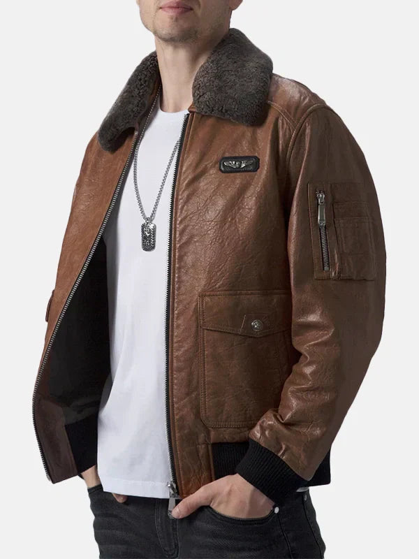 Mens Fur Collar Brown Leather Flight Jacket