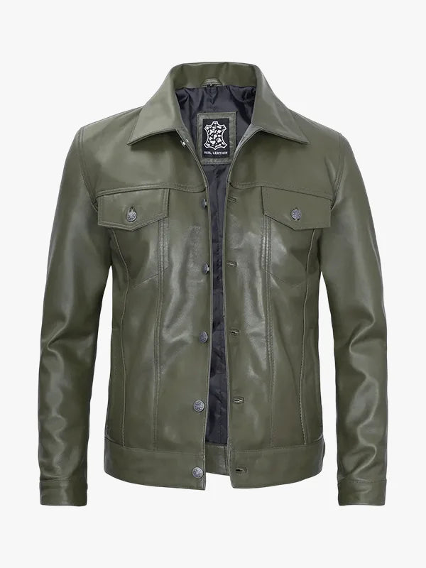 Mens Green Leather Trucker Jacket