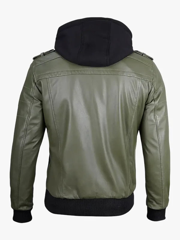 Mens Green Removable Hood Bomber Leather Jacket