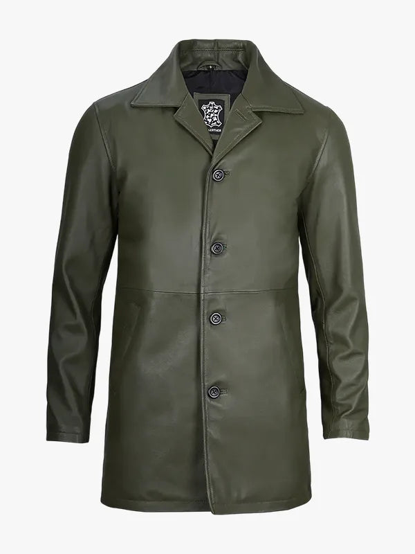 Mens Olive Green 34 Length Leather Coat