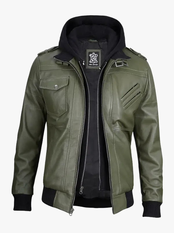 Mens Olive Green Bomber Leather Jacket With Removable Hood