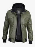 Mens Olive Green Bomber Leather Jacket With Removable Hood