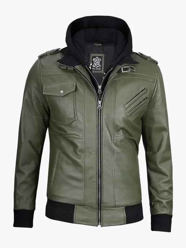 Mens Olive Green Bomber Leather Jacket