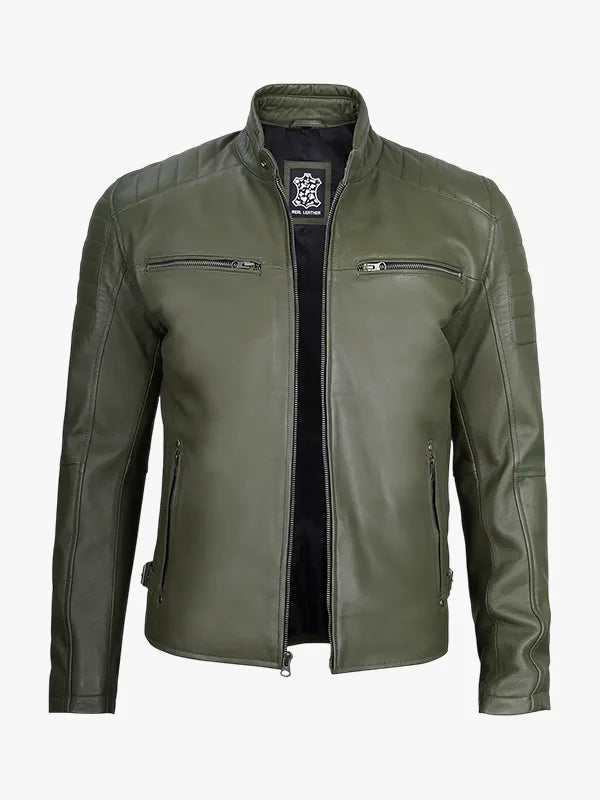 Mens Olive Green Cafe Racer Leather Jacket