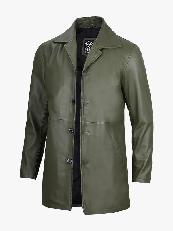 Mens Olive Green Leather Coat