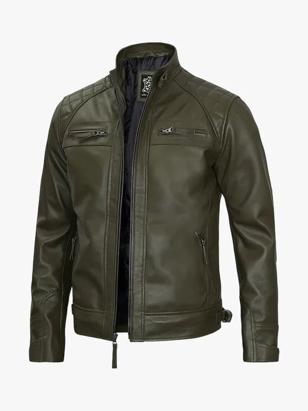 Mens Quilted Shoulder Green Jacket Leather