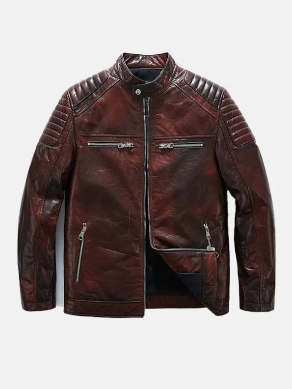 Mens Reddish Brown Cafe Racer Leather Moto Jacket Front