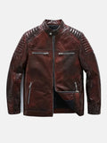 Mens Reddish Brown Cafe Racer Leather Moto Jacket Front
