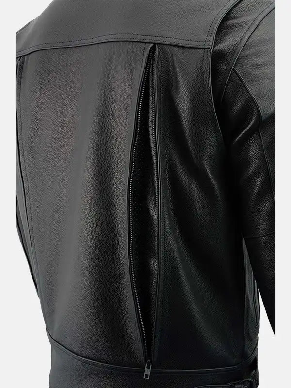 Mens Vented Black Biker Leather Jacket Back Close Up