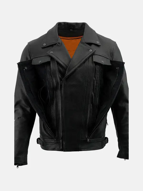Mens Vented Black Biker Leather Jacket Front Pockets Open