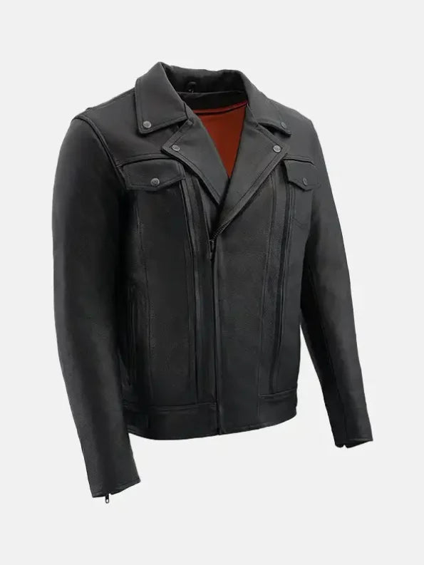 Mens Vented Black Biker Leather Jacket Side Pose
