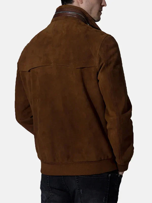 Mens Vintage Suede Brown Leather Trucker Bomber Jacket Back
