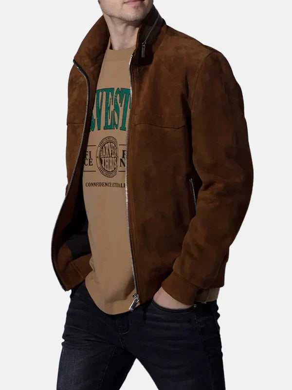Mens Vintage Suede Brown Leather Trucker Bomber Jacket