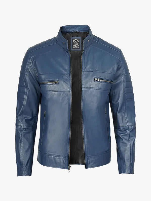 Mens Blue Cafe Racer Leather Jacket