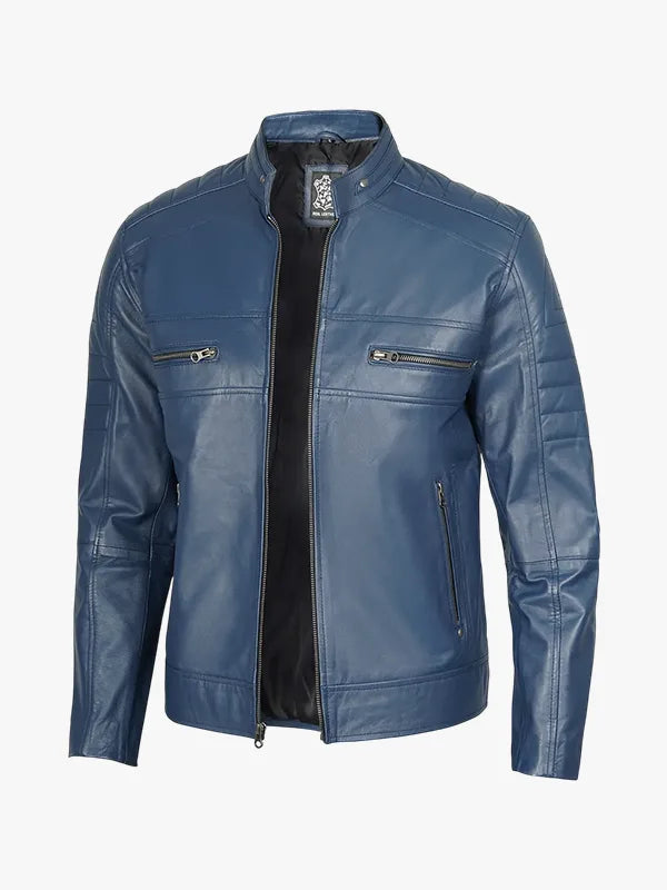 Mens Blue Cafe Racer Style Leather Jacket