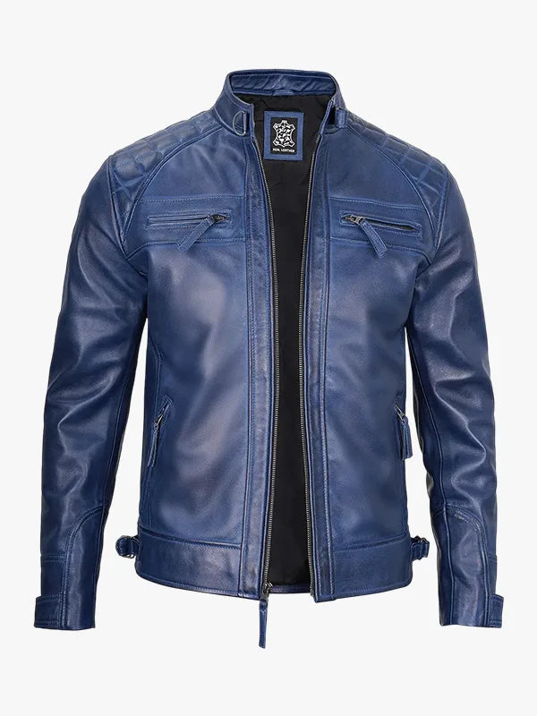 Mens Blue Quilted Leather Biker Jacket