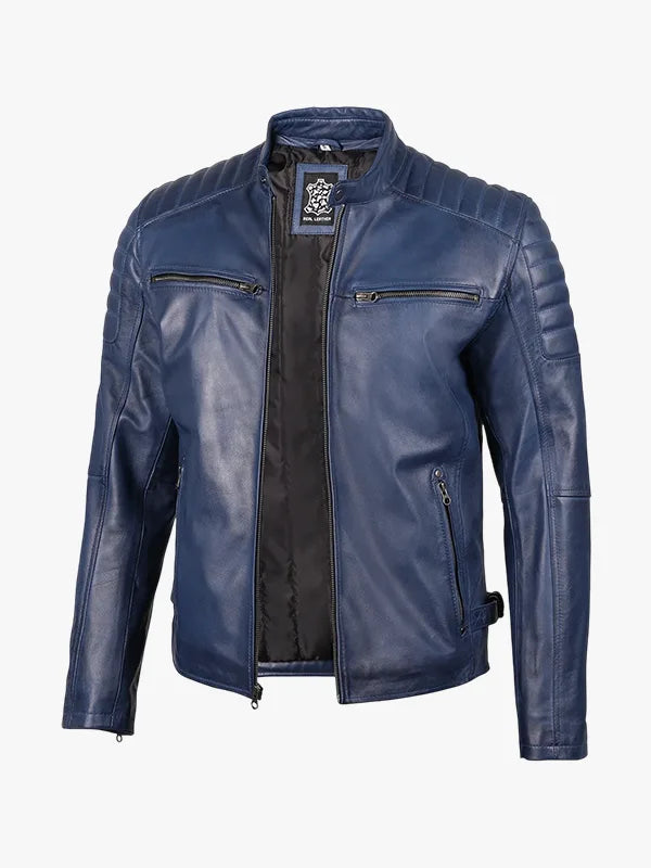 Mens Blue Waxed Cafe Racer Leather Jacket