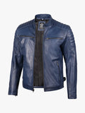 Mens Blue Waxed Cafe Racer Leather Jacket