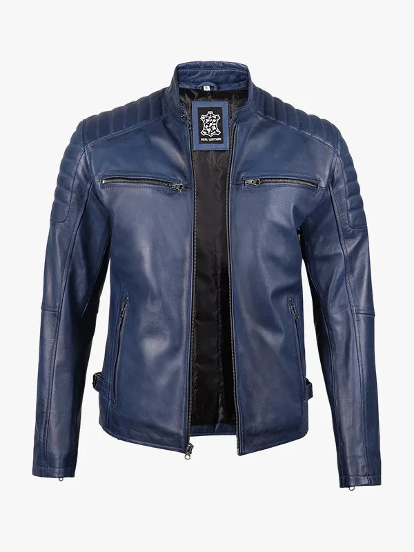 Mens Blue Waxed Cafe Racer Leather Jacket
