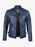 Mens Blue Waxed Cafe Racer Leather Jacket