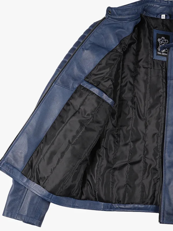 Mens Blue Waxed Cafe Racer Leather Jacket