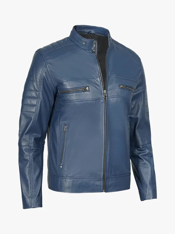 Mens Cafe Racer Style Leather Blue Jacket