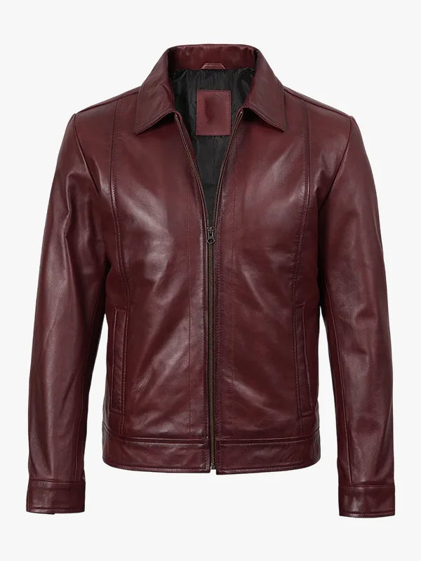 Mens Classic Shirt Collar Burgundy Harrington Leather Jacket