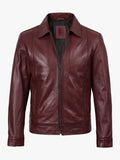 Mens Classic Shirt Collar Burgundy Harrington Leather Jacket