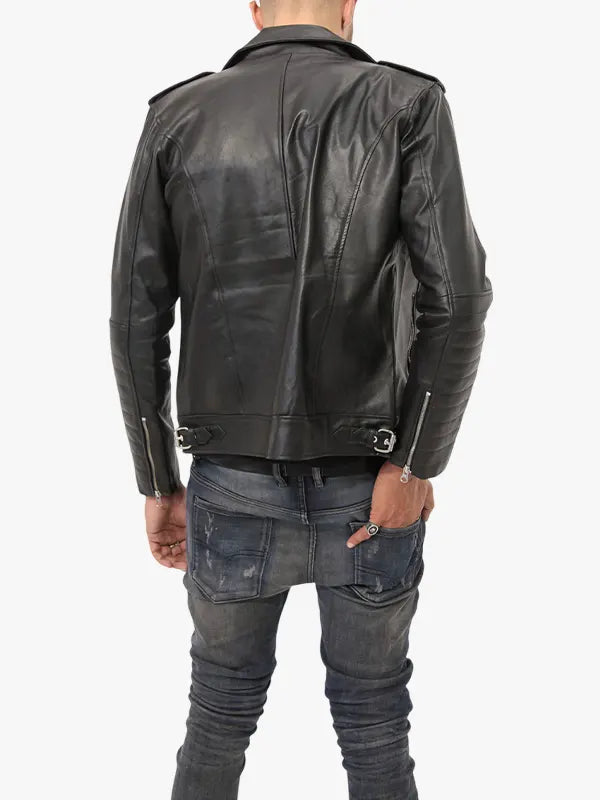 Mens Clyde Genuine Black Leather Motorcycle Jacket