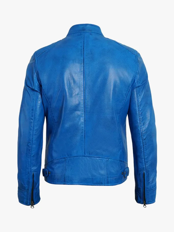 Mens Distressed Blue Cafe Racer Jacket