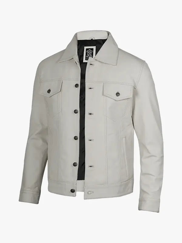 Mens Off White Leather Trucker Jacket