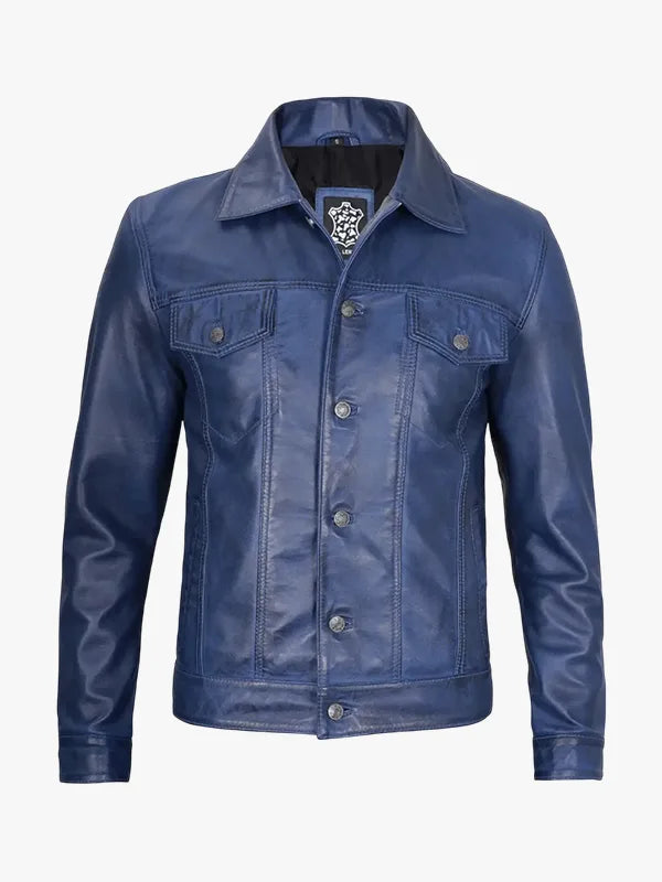 Mens Real Lambskin Leather Blue Jacket