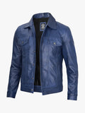 Mens Real Lambskin Leather Blue Waxed Trucker Jacket