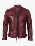 Mens Real Leather Burgundy Biker Jacket - Quilted Shoulder