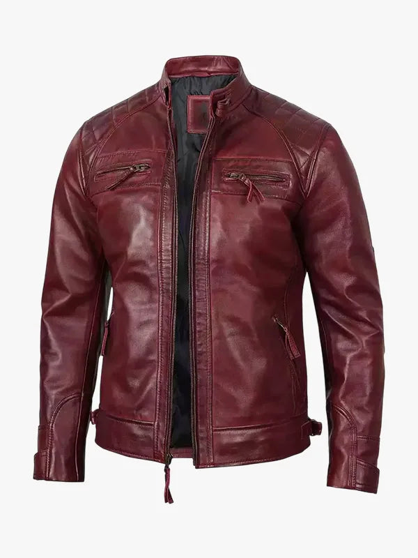 Mens Real Leather Burgundy Biker Jacket