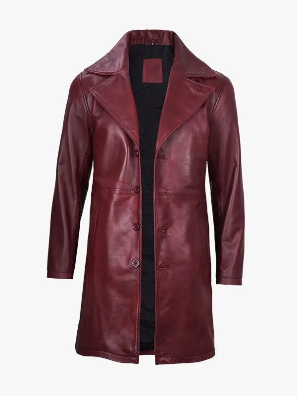Mens Real Leather Burgundy Car Coat