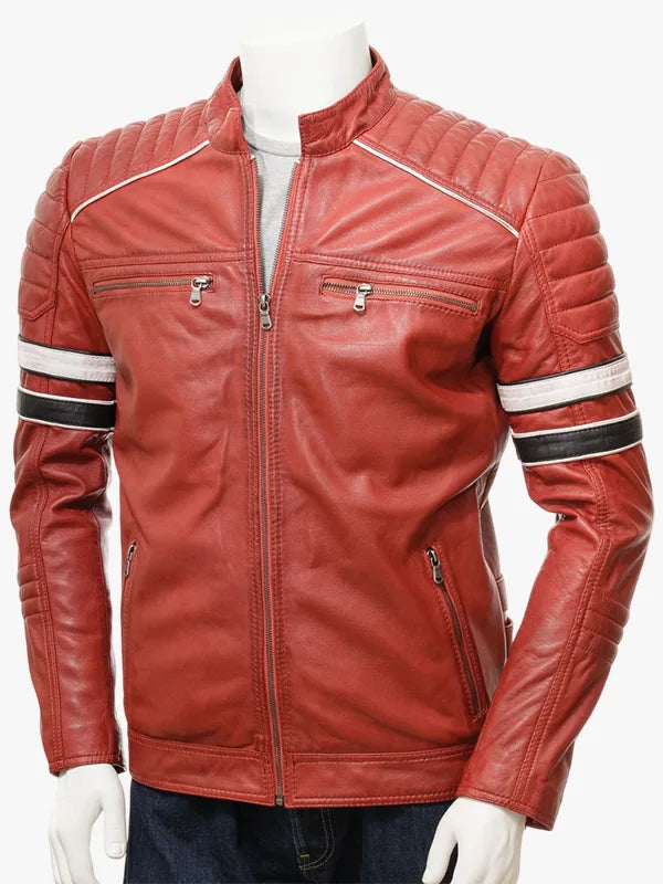 Mens Red Leather Striped Biker Jacket Front 