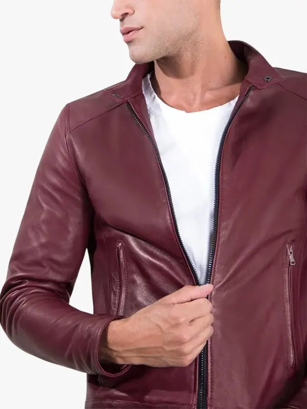 Mens Ted Bordeaux Leather Biker Jacket