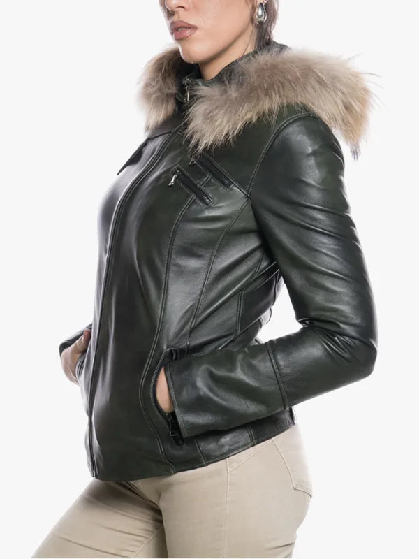 Michelina Cap Womens Green Jacket Removable Fur
