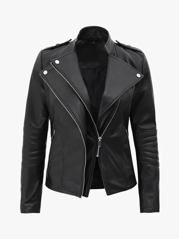 Monica Women’s Asymmetrical Black Leather Jacket