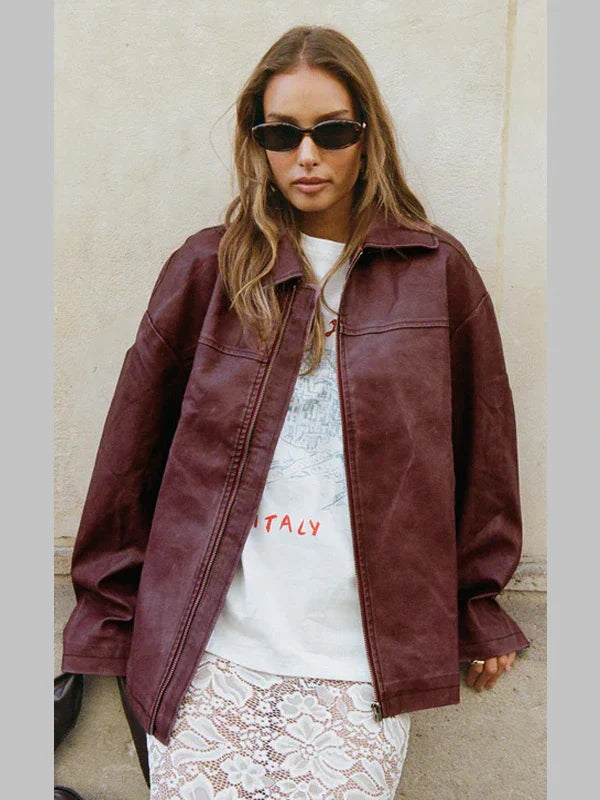 Napoleon Faux Leather Jacket Burgundy
