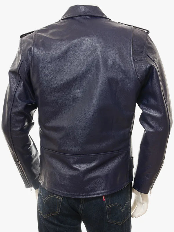 Navy Leather Biker Jacket ASHCOMBE
