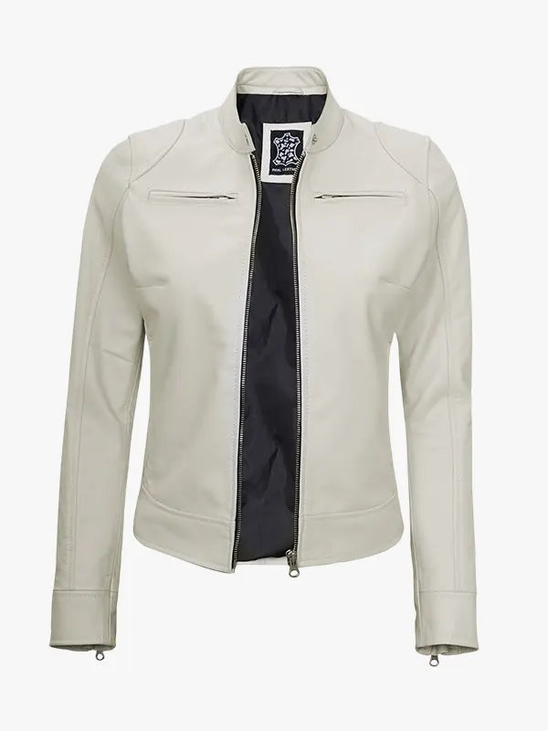 Off White Café Racer Leather Jacket for Women