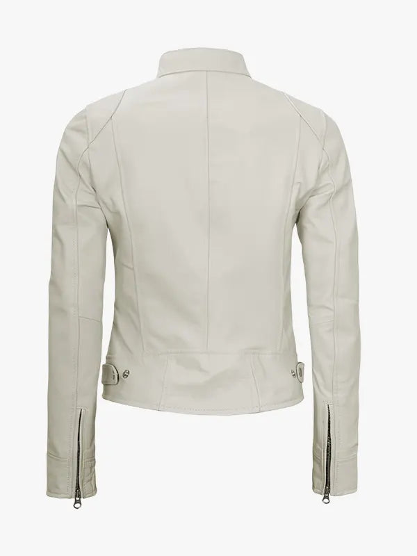 Off White Distressed Café Racer Leather Jacket for Women