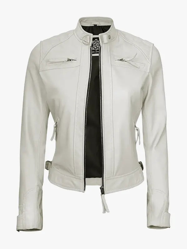 Off White Quilted Biker Jacket for Women