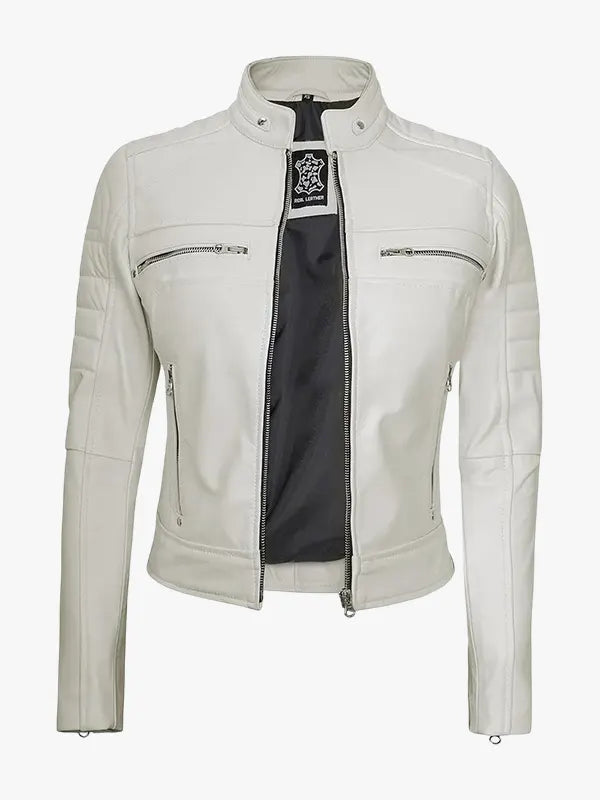 Off White Real Leather Biker Jacket for Women