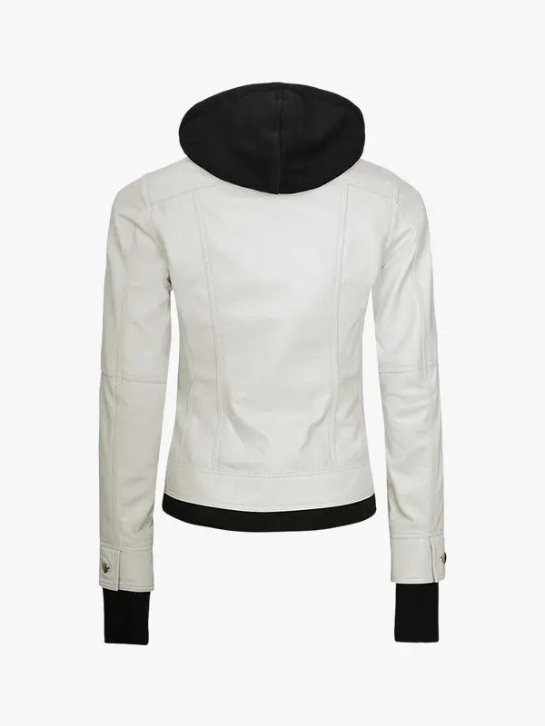 Off White Women’s Casual Leather Jacket with Detachable Hood